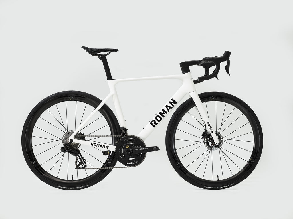 ROMAN White bicycle with black components on a light gray background